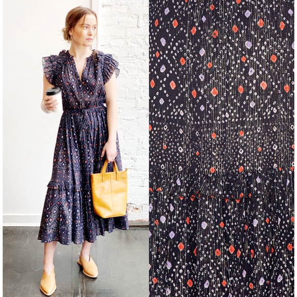 Ulla Johnson 2 Linea Ruffle Midi Dress Cotton Puff Shoulder Maxi Navy Blue EUC! - Picture 1 of 9
